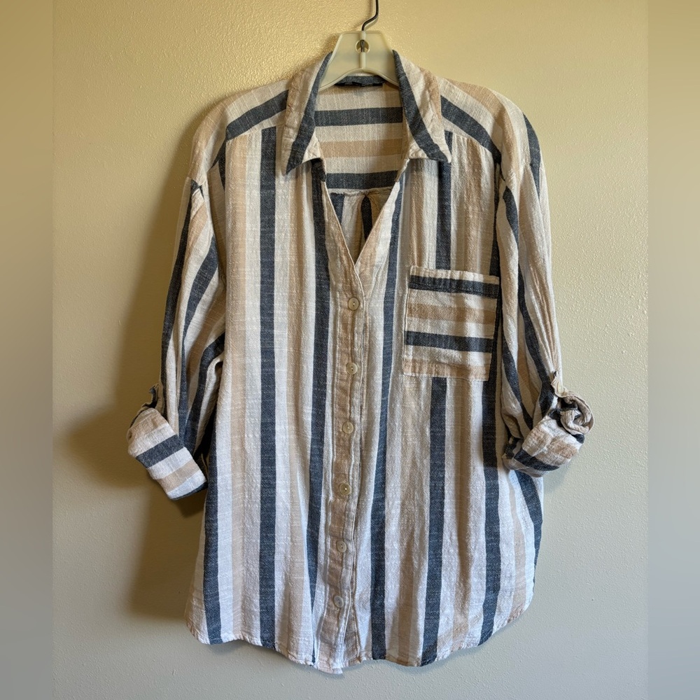 Blue and White Button Down Shirt with Nautical Stripes